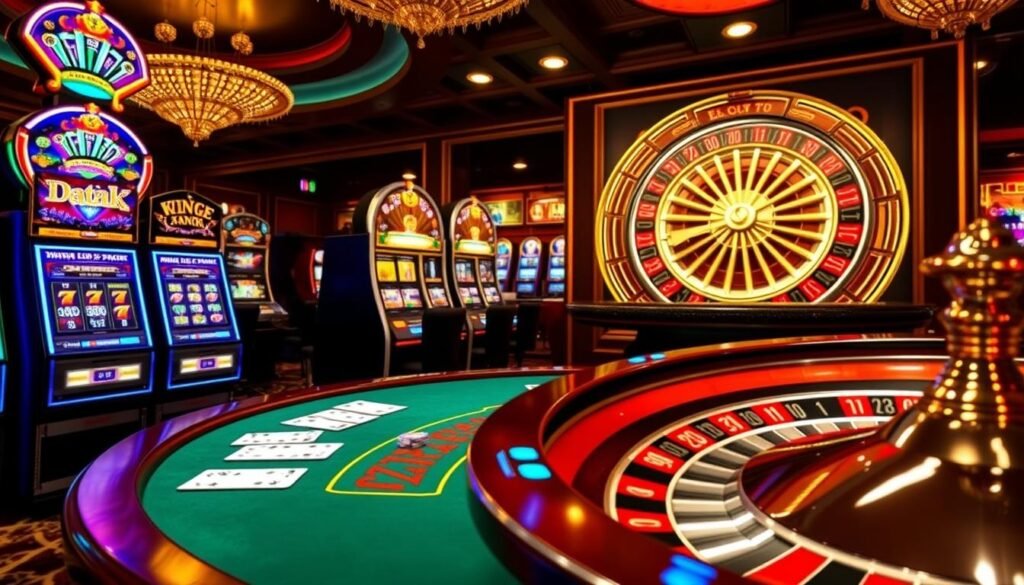 casino games showcasing slot machines, blackjack, and roulette